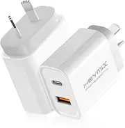 HEYMIX 20W USB C Fast Charger, 2-Port PD USB-C Wall Plug (2-Pack) with Fast Charging QC3.0,USB-C Power Adapter C Charger AU-Plug SAA Certified,Compatible with iPhone 14/13/12,Pixel 7/6,Switch,S22/21