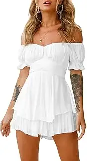 [Qianderer] Women Boho Romper Dress Off Shoulder Tie Back Flowy Swing Ruffle Dress with Shorts Layered Pirate Jumpsuit Playsuits