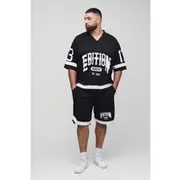 Mens Black Plus Oversized Varsity V-Neck Mesh T-Shirt & Short Set