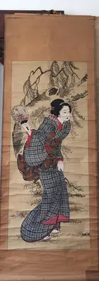 在飛比找Yahoo!奇摩拍賣優惠-日本回流畫精品江戶時代時期古董美人圖浮世繪紙本紙裱純手