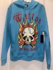 NWT Ed Hardy Mens Burning Skull Fleece Hoodie Blue