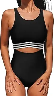 [CUPSHE] Women's One Piece Swimsuit Cut Out Bathing Suit High Round Neck Color Block Adjustable Straps
