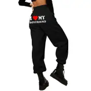 I Love My Boyfriend Sweatpants On Butt Fashion Elastic High Waist Jogger Pants Black S