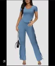 EKALIY 2 piece outfit blue fringe pants and short sleeve top XXL