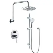 Chrome Round Dual Shower Handheld Head High Rise Gooseneck Arm Slide Rail Set