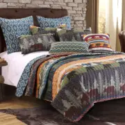 NEW! ~ COZY LODGE HUNTING LEAF BEAR MOUNTAIN LOG CABIN BLUE GREY BROWN QUILT SET