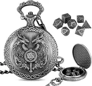 Mini DND Dice Set with Wand and Double Dragon Head Pocket Watch Shell Case, DND Starter Set, 7pcs Polyhedral Mini Metal Dice Set, D&D Gifts with Gift Bag, Role Playing Board Game Accessories, Silver