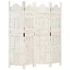 Hand Carved 4-Panel Room Divider Folding Privacy Screen Stand White Mango Wood