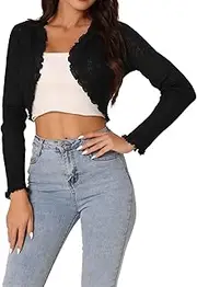 [Seta T] Women's Casual Long Sleeve Ruffle Trim Open Front Crop Bolero Knit Shrug Cardigan
