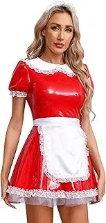 [RUNQHUI] Women's French Maid Lingerie Costume Wetlook PU Leather Mini Dress with Lace-up Apron and Headband