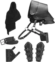 Mens Renaissance Costume Set Medieval Belt Shoulder Armor Leather Bracers Shawl Viking LARP Cosplay Accessories (Black A)