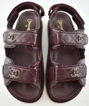 Chanel 21C Burgundy Red Caviar Gold CC Logo Mule Slide Flat Teva Dad Sandal 37.5