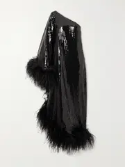 [Taller Marmo] Taller Marmo - Disco Ubud One-shoulder Feather-trimmed Sequined Crepe Gown - Black - IT50 IT 50 Black