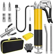 Grease Gun Kit, 7000 PSI Heavy Duty Pistol Grip Grease Gun with 14 oz Capacity, Includes 18 Inch Resin Flex Hose, Double Handle Grease Coupler and Other Accessories, Grease Gun for Automotive, Marine