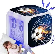 LED Alarm Clock for Teens - USB Football Alarm Clock with Colour Changing and Night Light | Funny Square Digital Table Clock for Football Lovers, Children's Room, Living Room Decoration, Compact, Cute