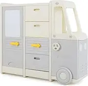 HONEY JOY Kids Toy Storage Organizer, Bus-Shaped Child Cabinet w/4 Pull-Out Drawers with Handles, Large & Small Cabinets, Spacious Countertop, Storage Organizer for Playroom, Classroom, Kindergarten