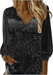 V Neck Sequin Tops for Women Casual Glitter Long Sleeve Blouses Sparkly Evening Party Shirt Shimmer Velvet Pullover