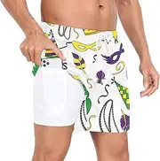 [GuoChe] Mens Swimsuit Trunks Men 2 in 1 Workout Shorts Mardi Gras Colorful Carnival Masks Fleur De Lis Phone Pocket Sport, Mardi Gras Colorful Carnival Masks Fleur De Lis, Medium