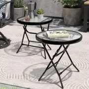 Foldable Patio Side Table Set of 2 with Tempered Glass Top 18" Round*2 Black