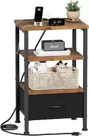 Night Stand with Charging Station, Adjustable Bed Side Table with Fabric Drawer,