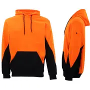 HI VIS Safety Fleece Pull Over Hoodie Jumper Jacket Workwear Kangaroo Pen Pocket - Fluro Orange / Navy