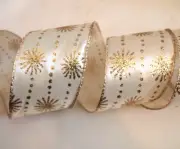 5 Yards Ivory Gold Glitter Snowflake Dots 2 1/2" Wired Ribbon Christmas 5yd