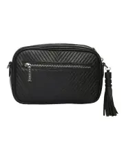 [Mocha] Chevron Box Leather Crossbody Bag Black