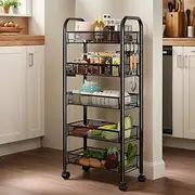 Heavy-Duty Rolling Kitchen Cart - 5-Tier Storage Shelves for Coffee Bar, Microwave & Small Space Organization (Black)