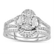 1.25 CT. T.W. Marquise and Princess-Cut Composite Natural Diamond Clover Frame Bridal Engagement Ring Set in Solid 14K White Gold