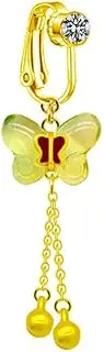 [Niaspi] Green Butterfly Fake Belly Button Ring for Women Girls 18K Gold Plated Stainless Steel Acrylic Jinglebell Dangle Clip On Belly Navel Rings Non-piercing Belly Jewelry, Acrylic, cubic zirconia