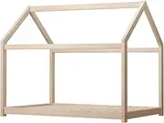 OIKITURE 12CM Height House Bed for Kids - Toddler Wooden Platform Bed Frame with Roof, No Box Spring Needed Easy Assembly, for Girls Boys Bedroom, 150KG Weight Capacity, Single Size, Natural