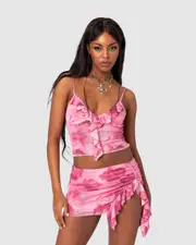 EDIKTED Womens Wanda Printed Mesh Ruffled Tank Top PINK