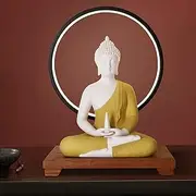 Obxquisite 12 inch Ceramic Buddha Statue with Circle Table Lamp, Meditation Indoor Buddha Statue Decor, Sitting Buddha Decor, Large Buddha Statue for Home, Altar, Prayer, Yoga (Yellow)