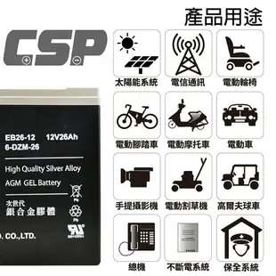 【CSP】電動車 電池 EB26-12銀合金膠體電池12V26Ah/電動機車電池 電動腳踏車 電瓶 老人代步車