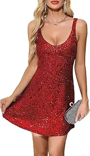 [Trancylight] Women's Glitter Sequin Dress Spaghetti Strap V Neck Party Cocktail Sparkly Mini Dress Clubwear