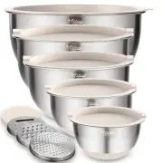 Mixing Bowls with Lids Set, 5PCS Stainless Steel Khaki Nesting Bowls with 3 G...