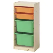 TROFAST storage combination with boxes, light white stained pine/light orange bright green, 44x30x91 cm