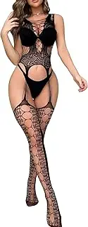 [ZENGSING] Sexy Lingerie for Women, Mesh Bodystockings, Erotic Lingerie Woman, Mesh Lingerie, Catsuit Underwear with Long Sleeves, Hollow Jumpsuit, Sleepwear Open Crotch, Blackc, One size