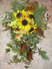 Cascading Bride Bouquet Rustic Tuscan Yellow Sunflowers Brown Feathers