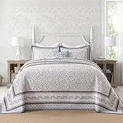 FineStichery Oversized Queen Bedspreads 102"x120" - 100% Cotton Super King Quilt, Vintage Botanical Pattern, Extra Large Lightweight Reversible Quilted Bedspread Coverlet, 3 Pcs, Blue/Brown