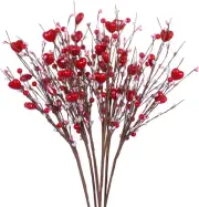 6 Pcs Red Heart Shaped Artificial Berry Flower Stems for Decor