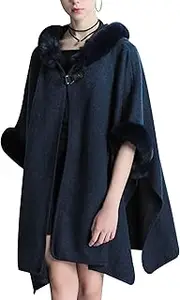 [Gihuo] Women's Luxury Batwing Sleeve Faux Fur Hooded Cloak Poncho Sweater Cape