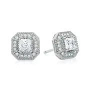 Sterling Silver Princess & Round Brilliant Cut Cubic Zirconia Halo Stud Earrings