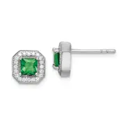Sterling Silver Rhodium Plated Square Green And Clear Cz Post Earrings
