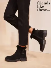 Friends Like These Black Wide Fit Flat Buckle Detail Casual Faux Suede Chelsea Boots (AD7756) | $41