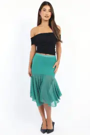 Green Midi Skirt Scarf Hem Asymmetric Mesh Lined - Size 16XL, Women's Midi Skirt