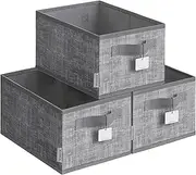 SONGMICES Collapsible Storage Boxes, Set of 3 Fabric Storage Baskets, 30 x 20 x 15 cm, Wardrobe Storage Organisers, 2 Handles, Label Holders, for Bedroom, Living Room, Cattail Grey ROB415G01