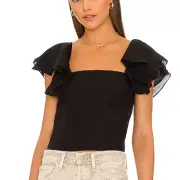 VINCE. Flutter Sleeve Strap Cami Top Black Short Sleeve Ruffle Blouse Size L NWT