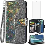 [Asuwish] Phone Case for Samsung Galaxy Note 20 5G Wallet Cover with Screen Protector and Wrist Strap Bling Glitter Flip Zipper Credit Card Holder Cell Note20 Notes 20s Twenty Not S20 Women Girls Black