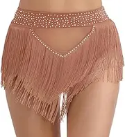 [Jugaoge] Women's Rhinestones Fringe Tassel Shorts Elastic High Waisted Booty Dance Bottom Skirt